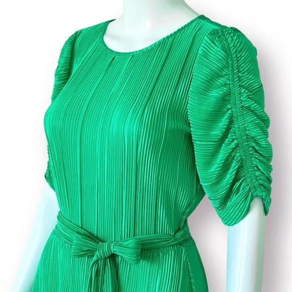 DKNY Satin Pleated Dress Ruched Sleeve Crew Neck Tie-Waist A-Line Pullover Style - Picture 2 of 16